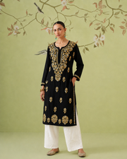 Rayon Chikankari Kurti - Black & Orange