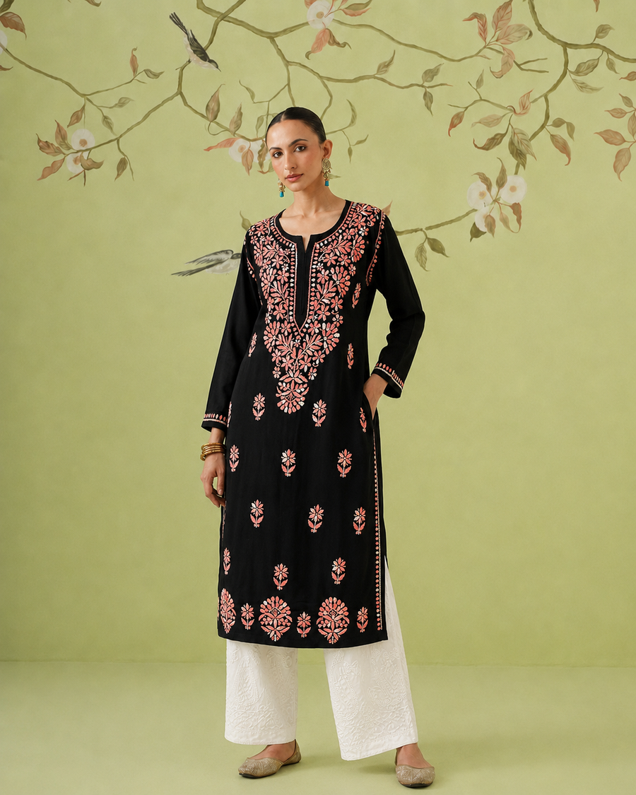 Rayon Chikankari Kurti - Black & Pink