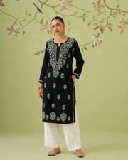 Rayon Chikankari Kurti - Black & Green