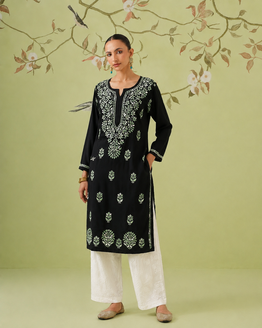 Rayon Chikankari Kurti - Black & Green