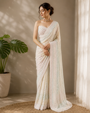 Pure Georgette Chikankari Saree - Ivory & Multicolour