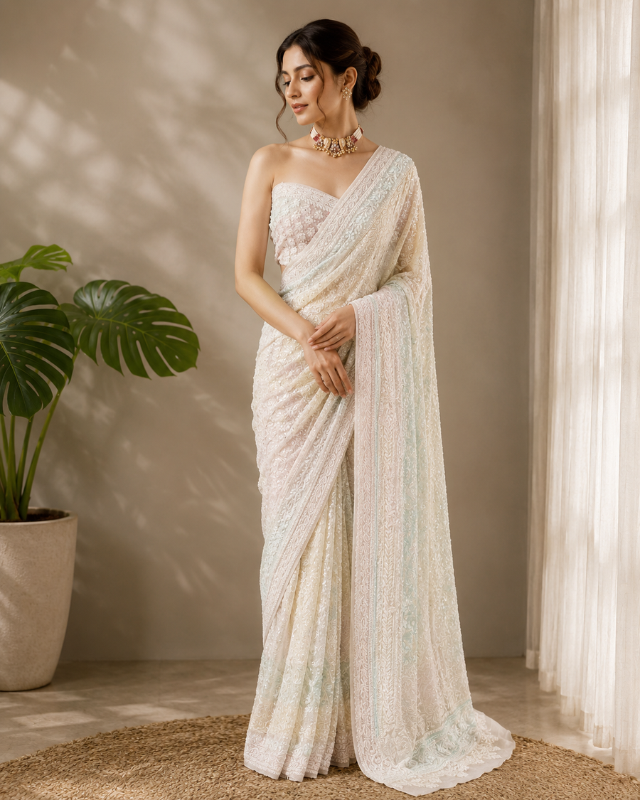 Pure Georgette Chikankari Saree - Ivory & Multicolour