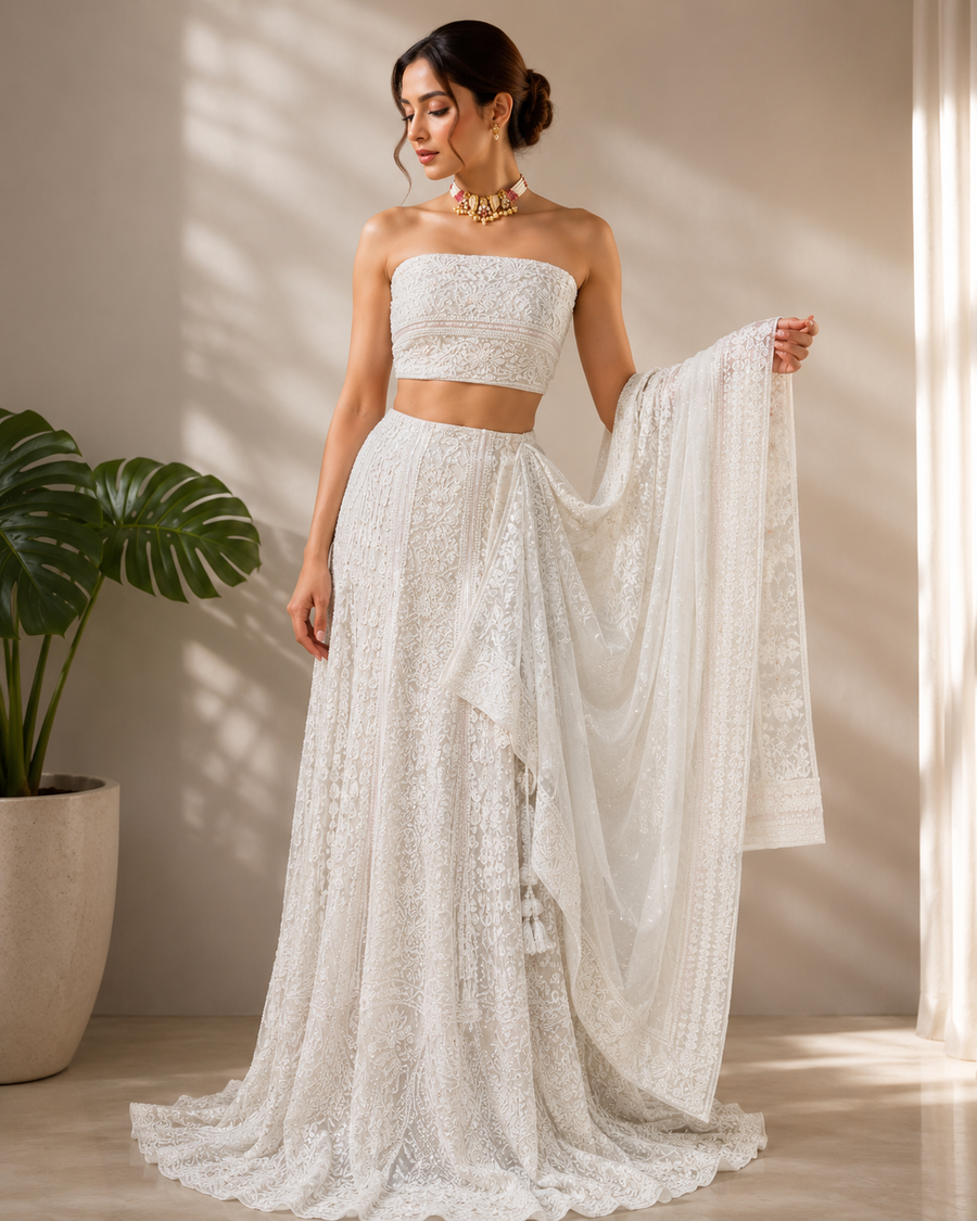 Pure Georgette Chikankari Unstitched Lehnga - Ivory & Multicolour