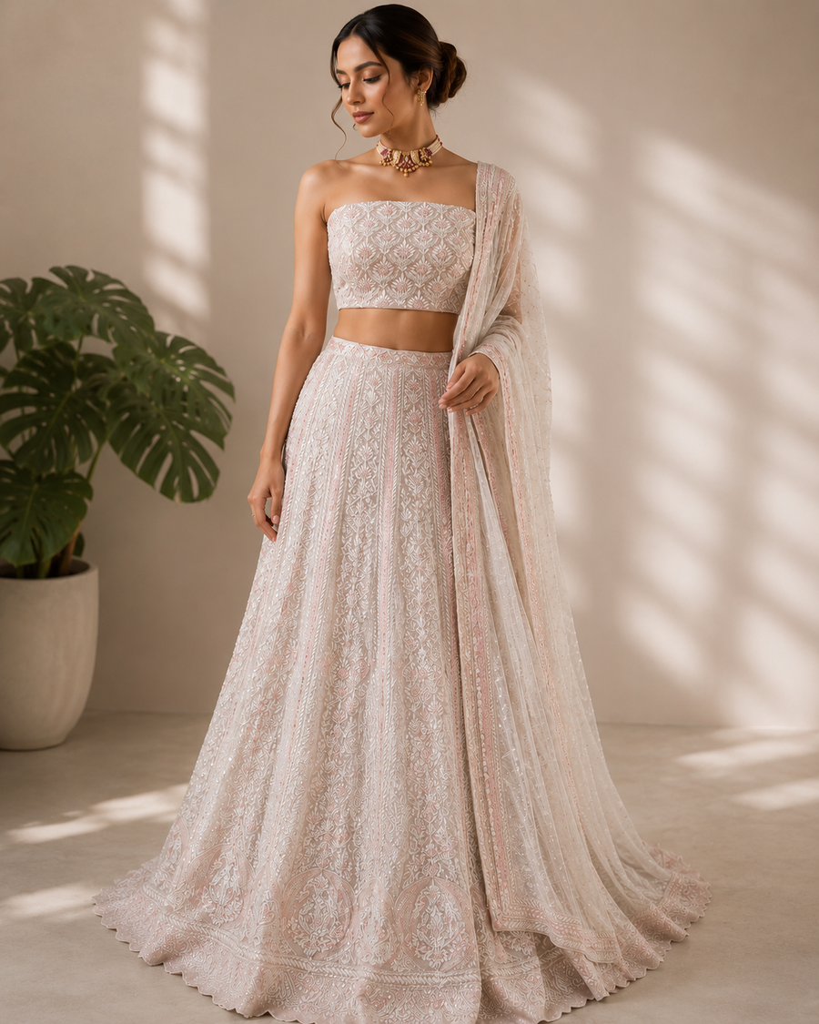 Pure Georgette Chikankari Unstitched Lehnga - Dusty Pink