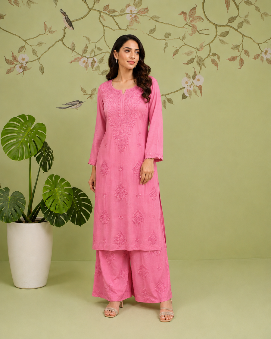 Rayon Chikankari Kurta and Bottom set - Taffy Pink