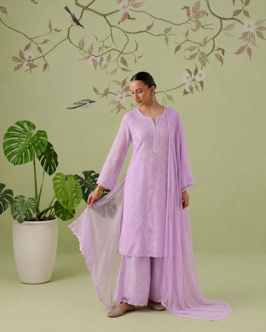 Muslin Chikankari Suit Set - Lavender