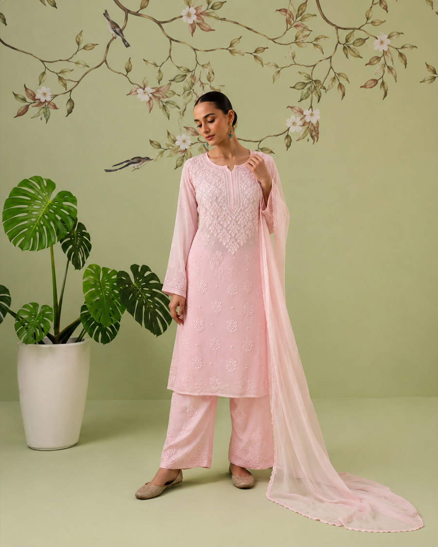 Georgette Chikankari Suit Set - Blush Pink