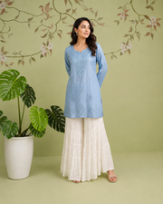 Chanderi Chikankari Short Kurti - Cornflower Blue