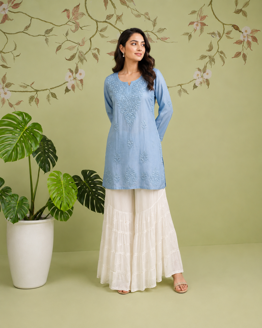 Chanderi Chikankari Short Kurti - Cornflower Blue