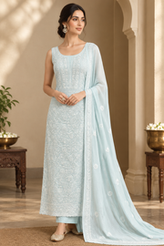 Pure Georgette Chikankari Unstitched 2pc Suit - Periwrinkle Blue