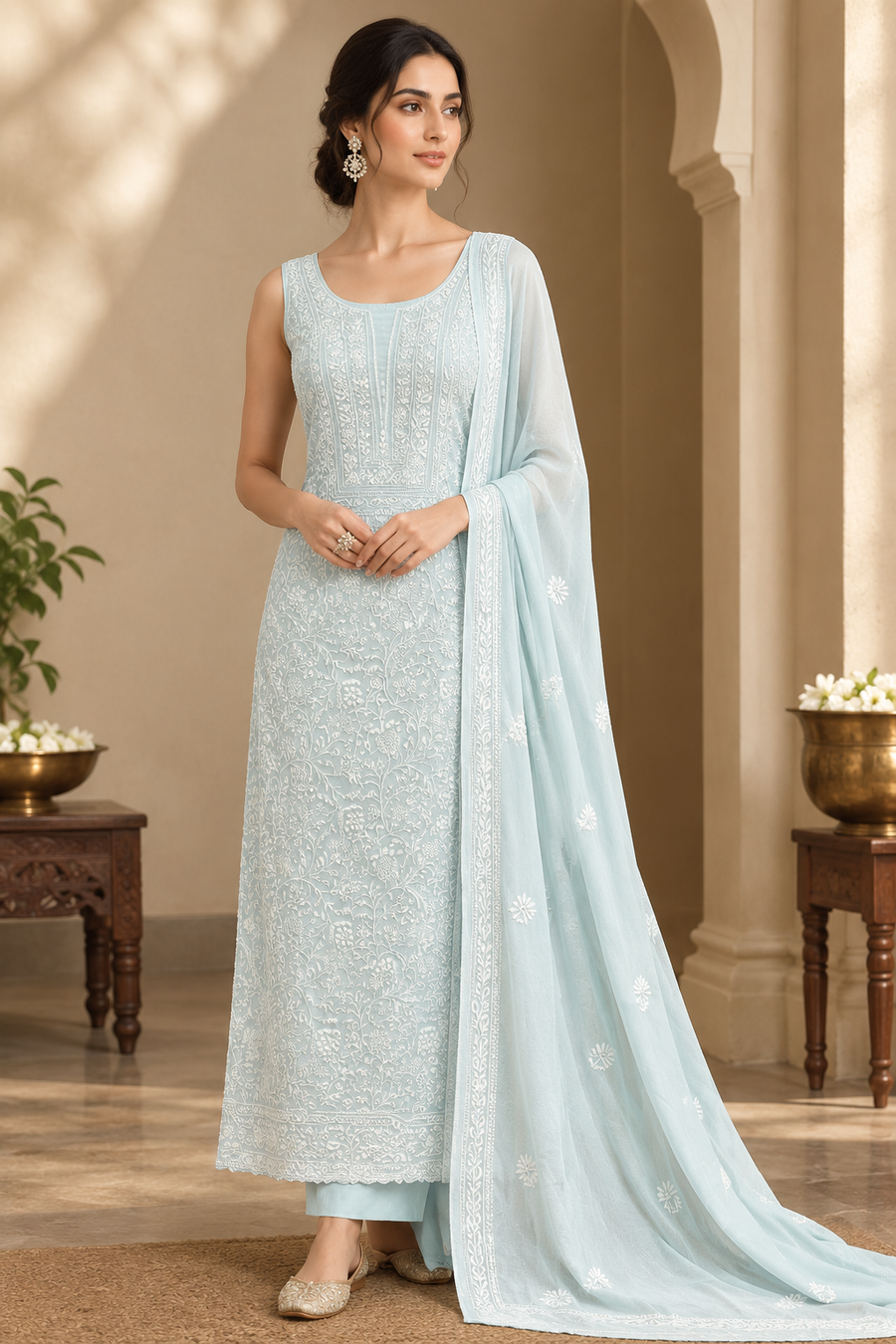 Pure Georgette Chikankari Unstitched 2pc Suit - Periwrinkle Blue