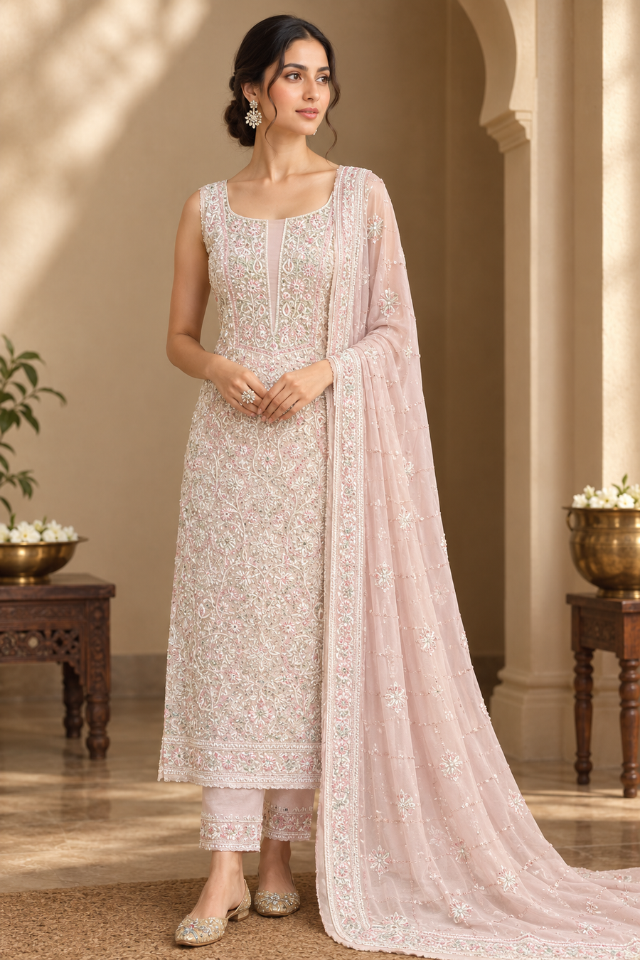 Pure Georgette Chikankari Unstitched 2pc Suit - Nude Pink