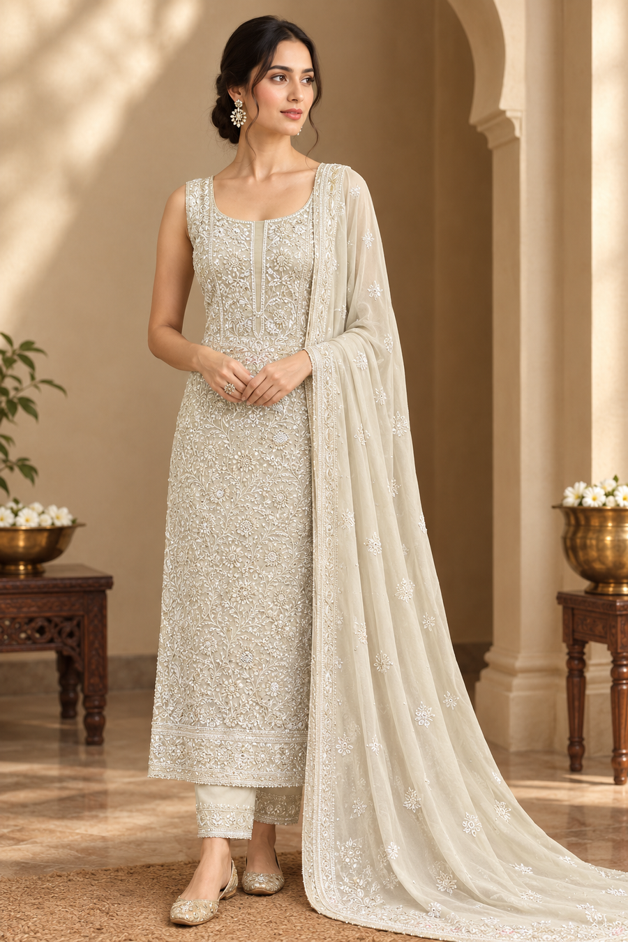 Pure Georgette Chikankari Unstitched 2pc Suit - Soft Beige