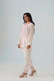 Chikankari Mul Chanderi Co-ord set - White and Pink