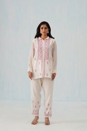 Chikankari Mul Chanderi Co-ord set - White and Pink