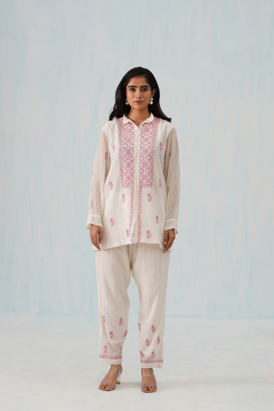 Chikankari Mul Chanderi Co-ord set - White and Pink