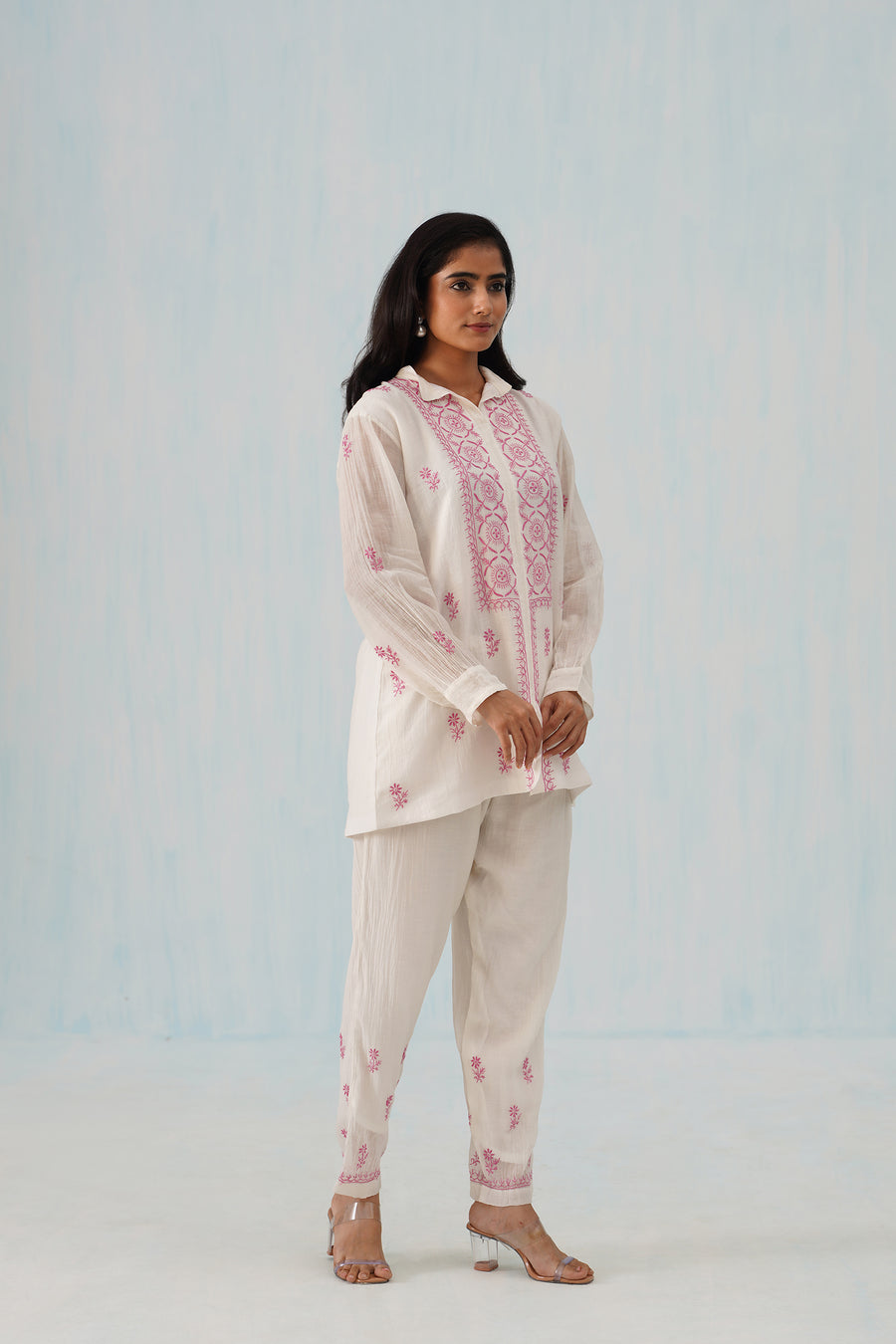 Chikankari Mul Chanderi Co-ord set - White and Pink