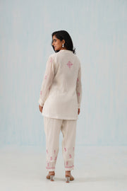Chikankari Mul Chanderi Co-ord set - White and Pink