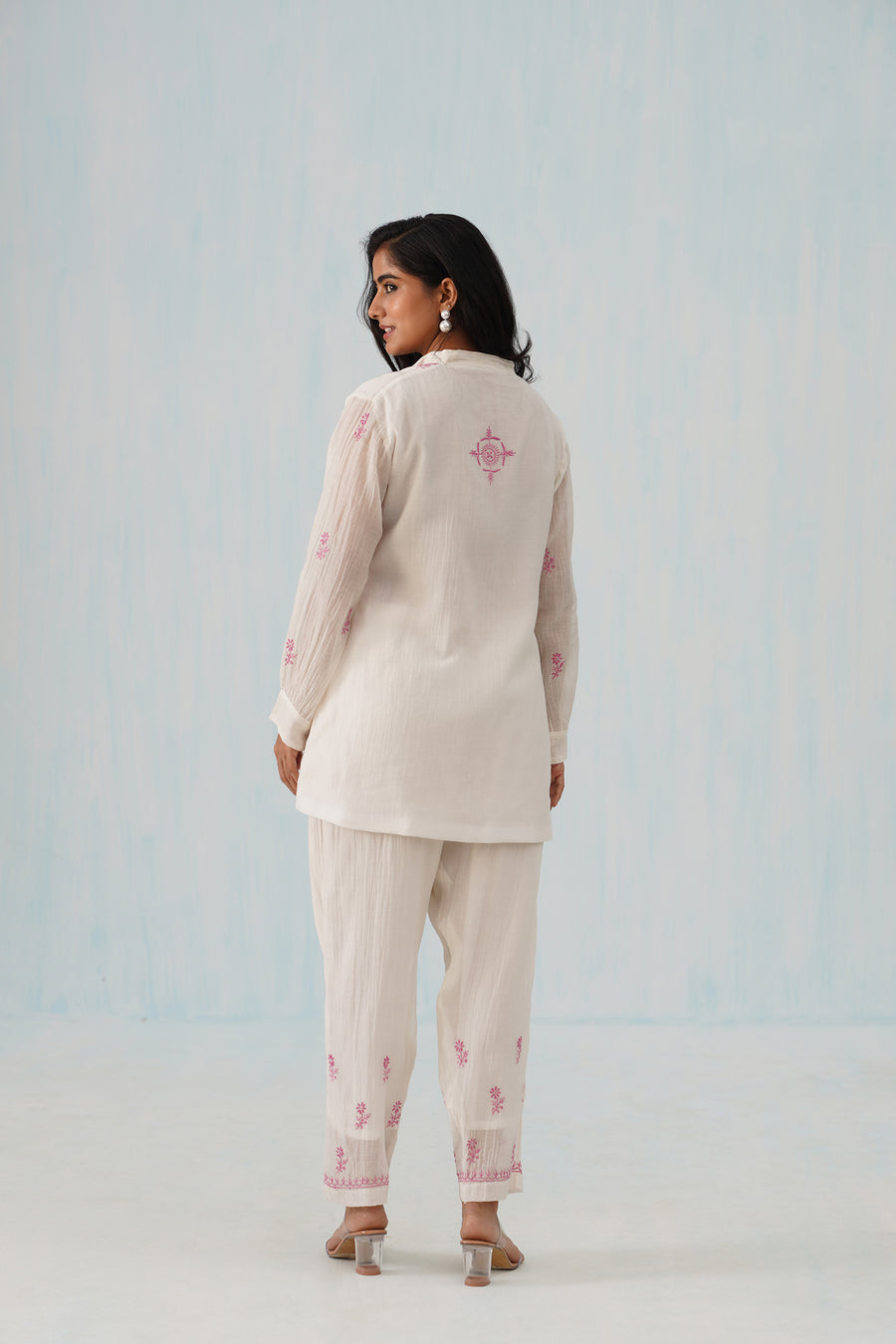 Chikankari Mul Chanderi Co-ord set - White and Pink