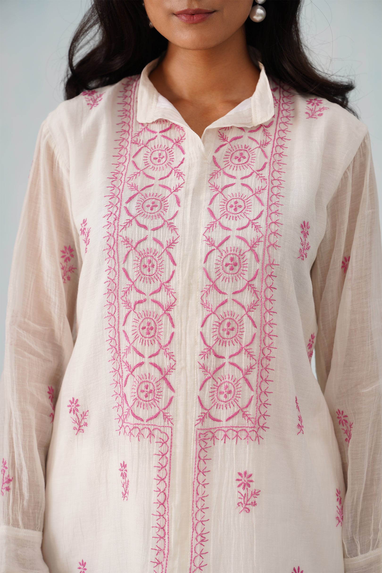 Chikankari Mul Chanderi Co-ord set - White and Pink