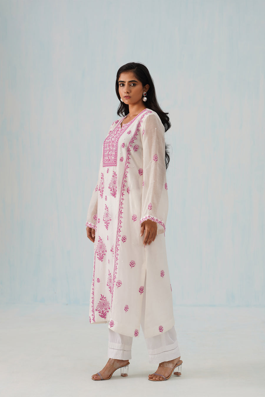 Mul Chikankari Suit Set - White and Pink