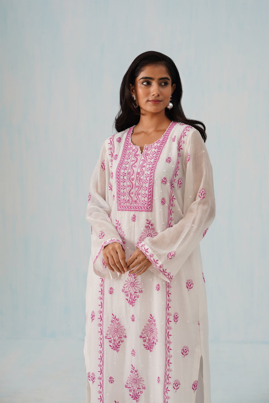 Mul Chikankari Suit Set - White and Pink