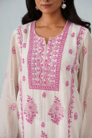 Mul Chikankari Suit Set - White and Pink