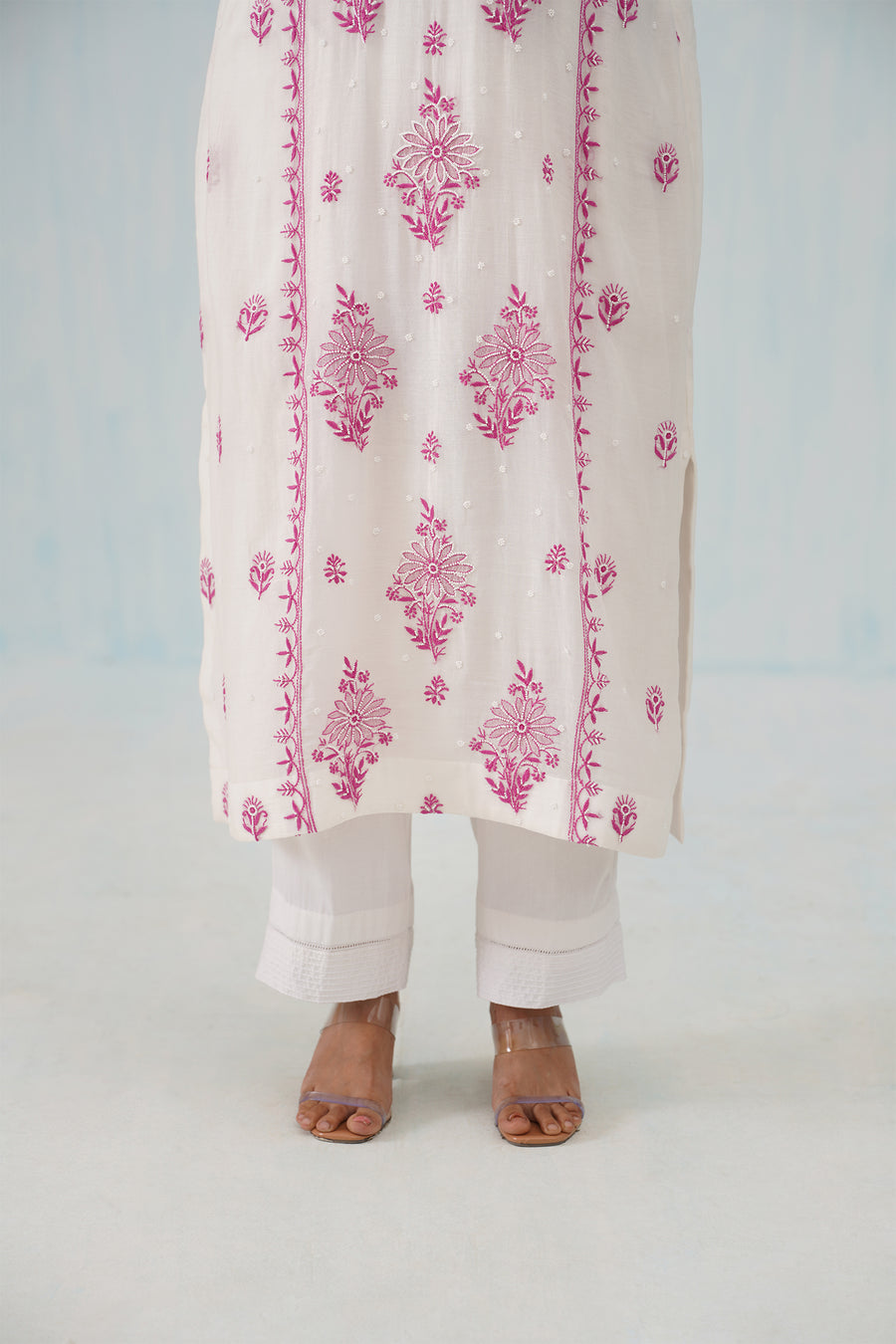 Mul Chikankari Suit Set - White and Pink