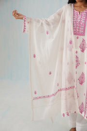 Mul Chikankari Suit Set - White and Pink