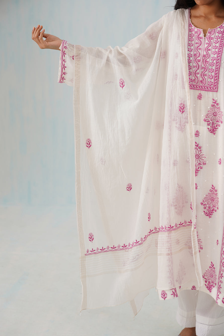 Mul Chikankari Suit Set - White and Pink