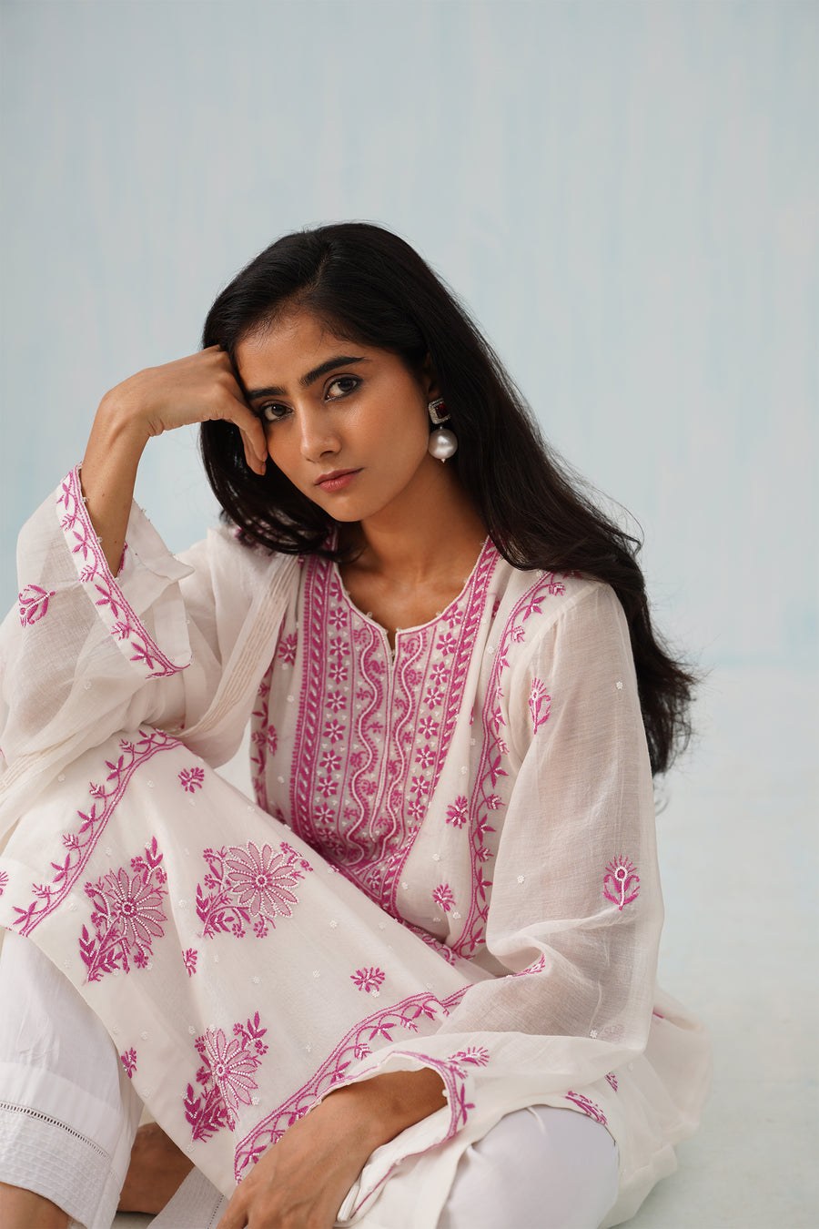 Mul Chikankari Suit Set - White and Pink