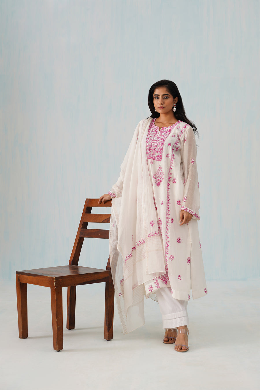 Mul Chikankari Suit Set - White and Pink
