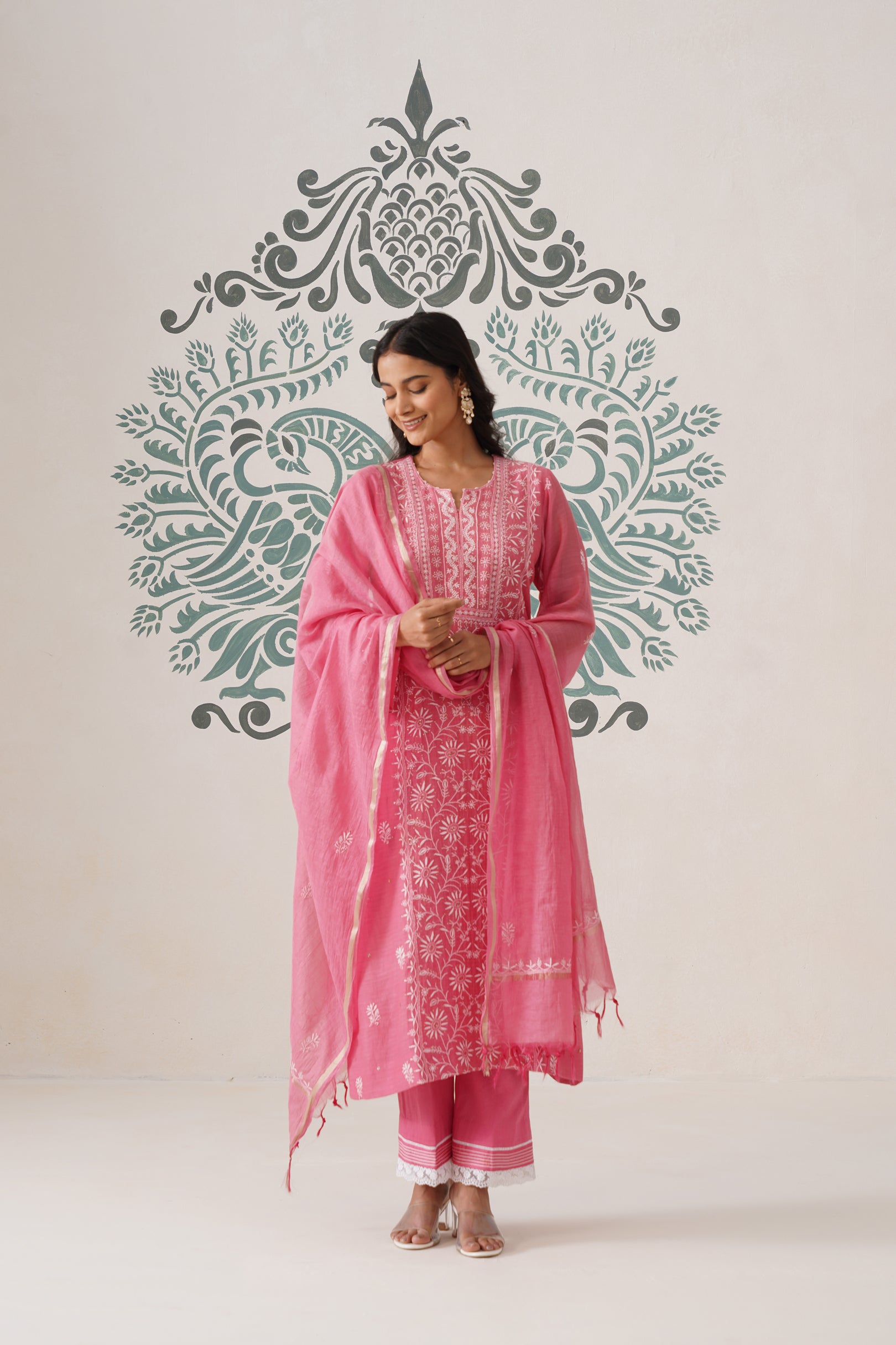 Chikankari Mul Chanderi 3pc Suit - Rouge Pink