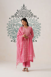 Chikankari Mul Chanderi 3pc Suit - Rouge Pink