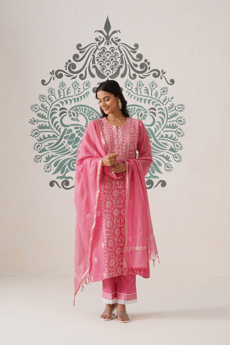 Chikankari Mul Chanderi 3pc Suit - Rouge Pink