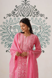 Chikankari Mul Chanderi 3pc Suit - Rouge Pink