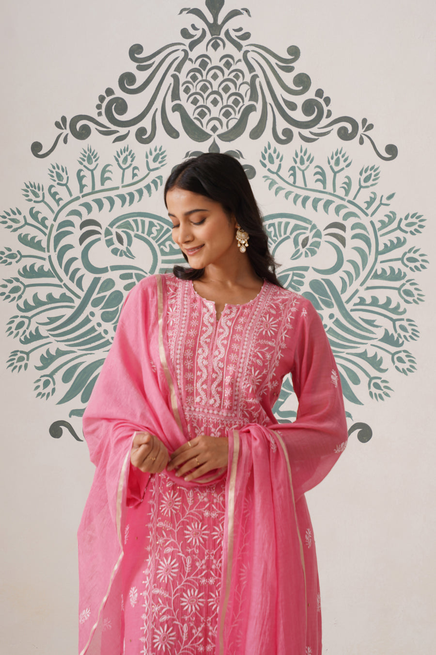 Chikankari Mul Chanderi 3pc Suit - Rouge Pink