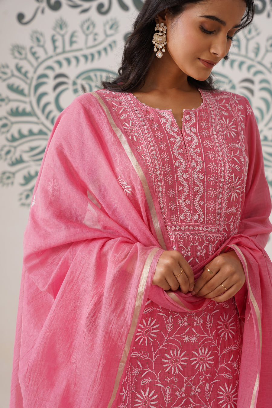 Chikankari Mul Chanderi 3pc Suit - Rouge Pink