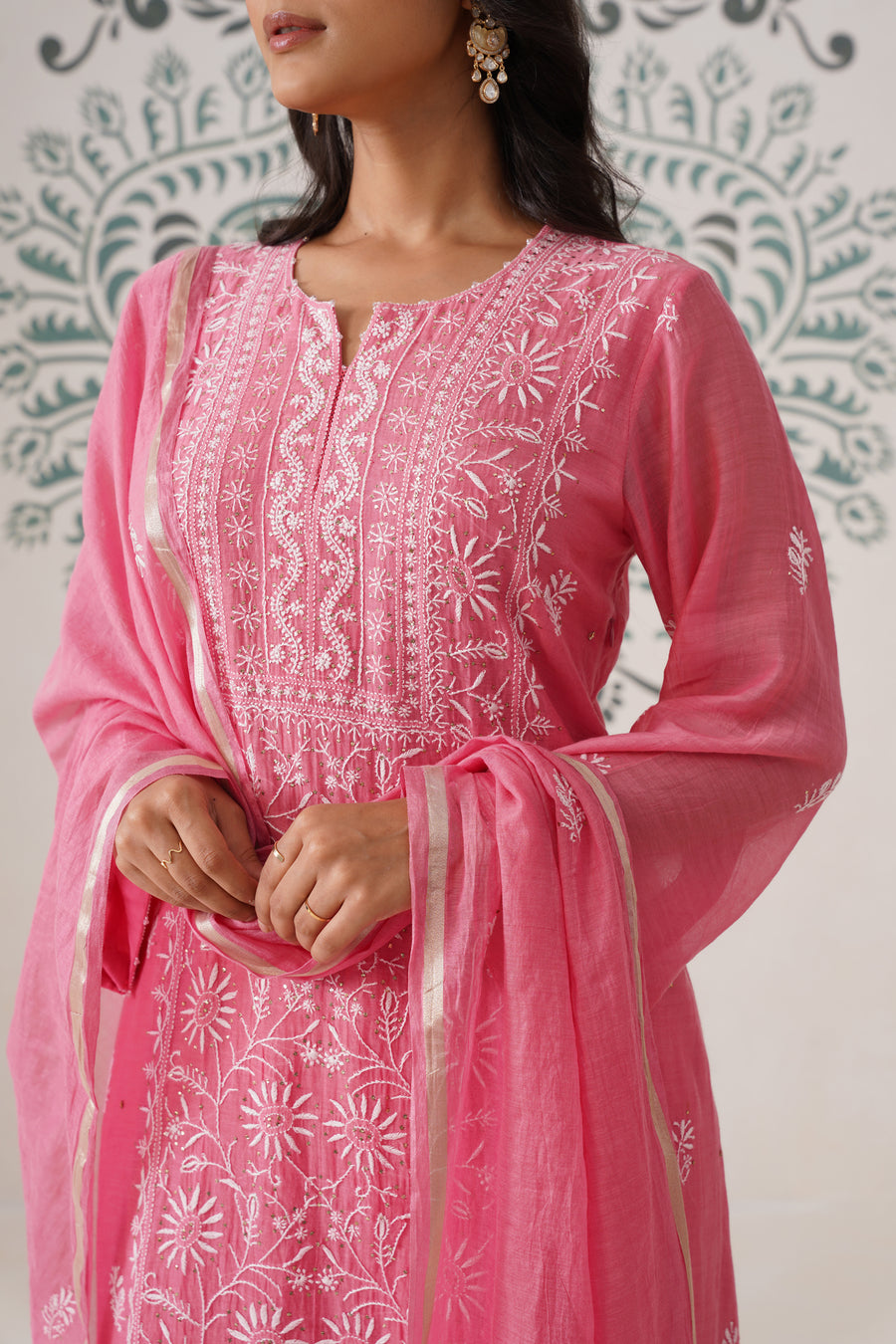 Chikankari Mul Chanderi 3pc Suit - Rouge Pink