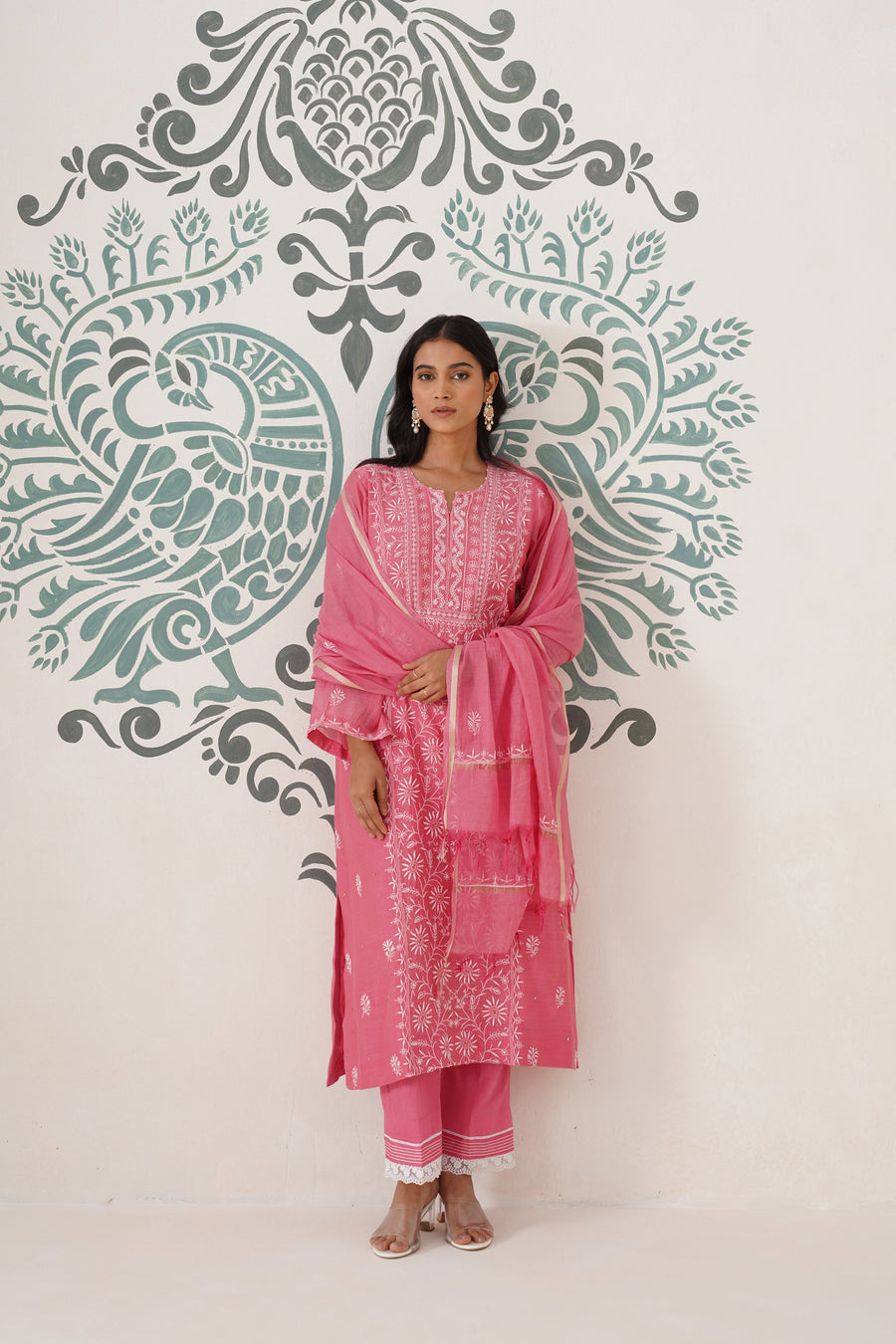 Chikankari Mul Chanderi 3pc Suit - Rouge Pink