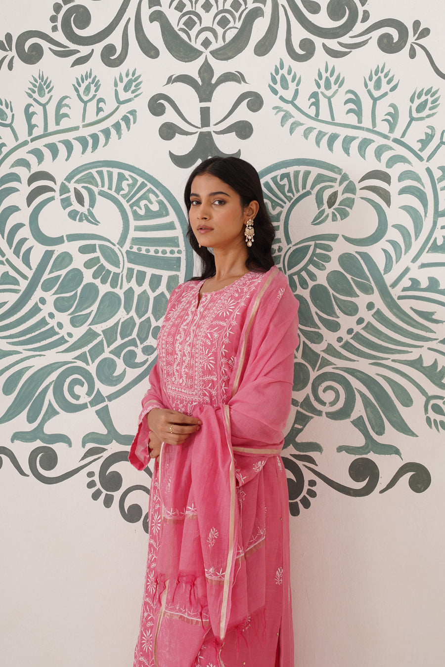 Chikankari Mul Chanderi 3pc Suit - Rouge Pink