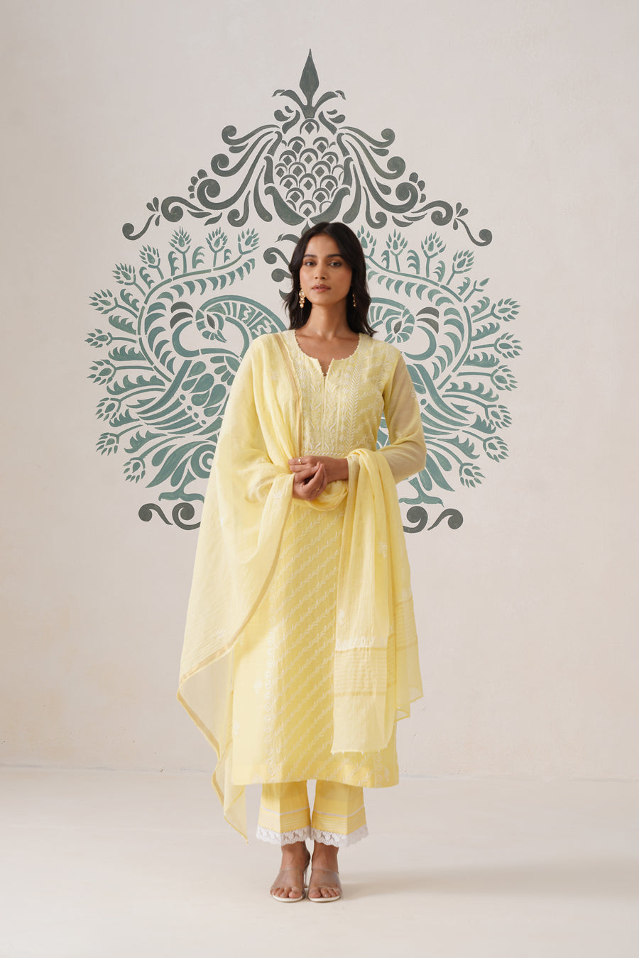 Chikankari Mul Chanderi 3pc Suit - butter yellow