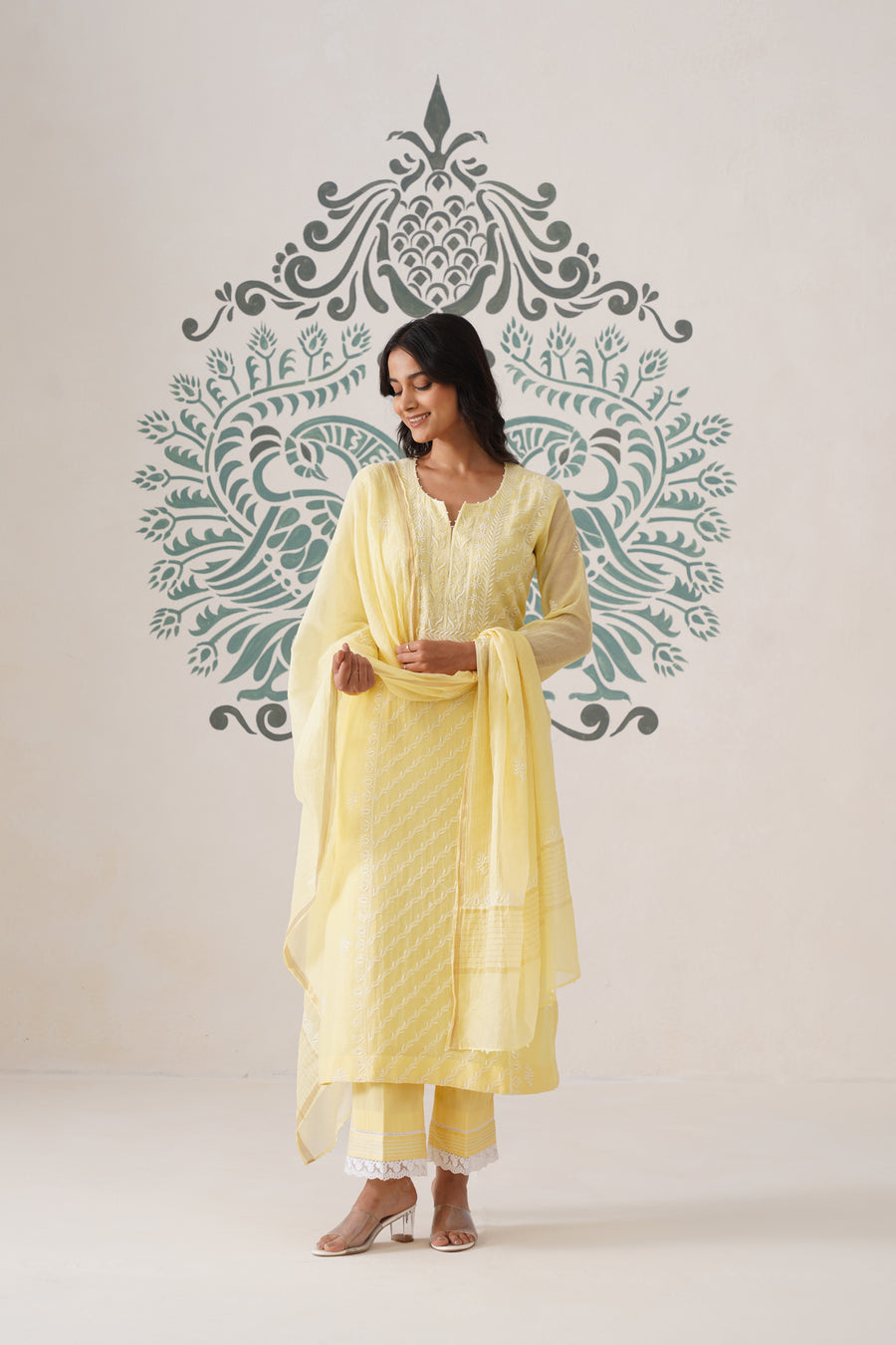 Chikankari Mul Chanderi 3pc Suit - butter yellow