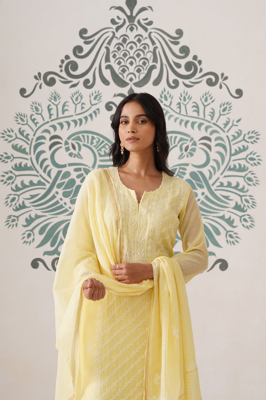 Chikankari Mul Chanderi 3pc Suit - butter yellow