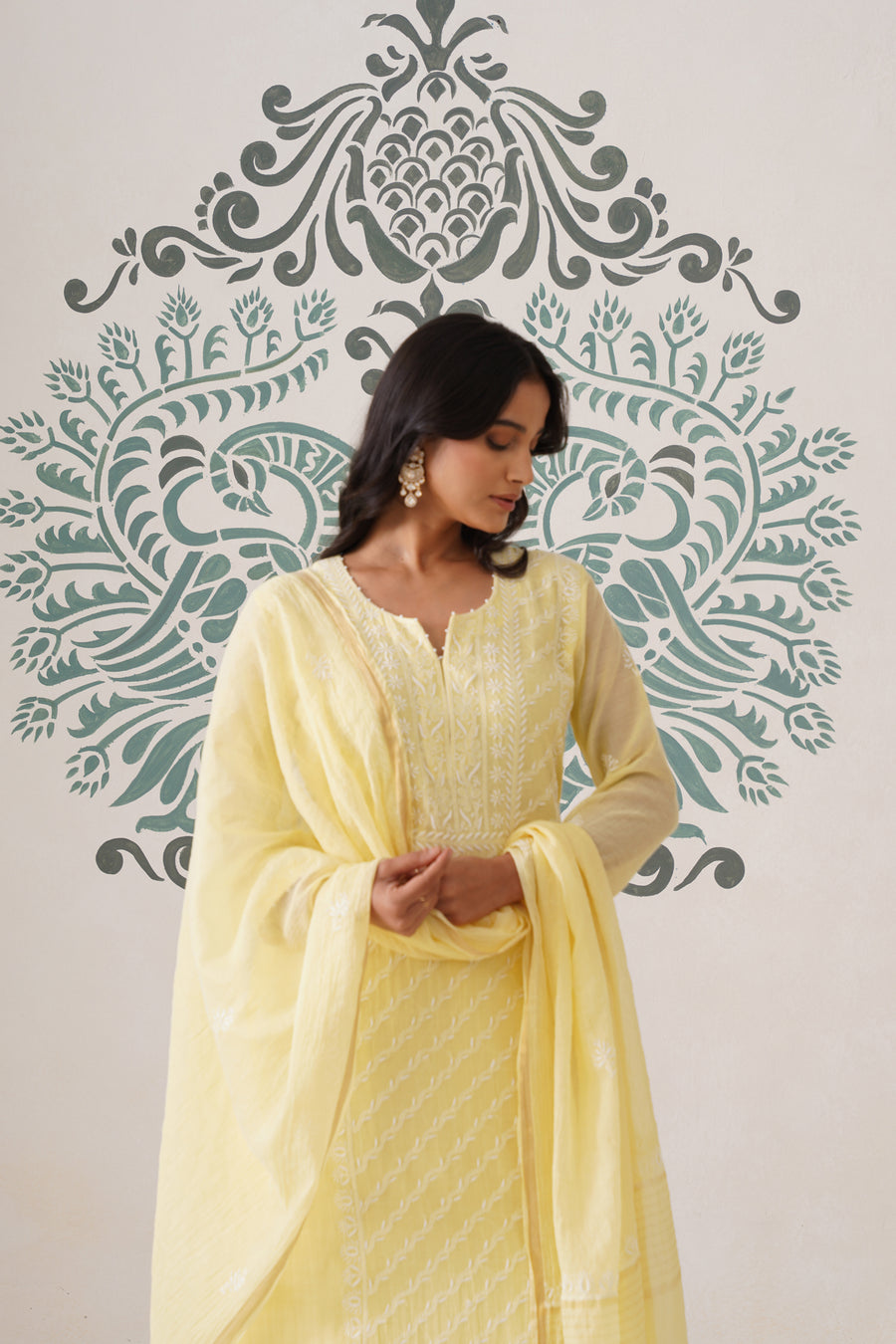 Chikankari Mul Chanderi 3pc Suit - butter yellow