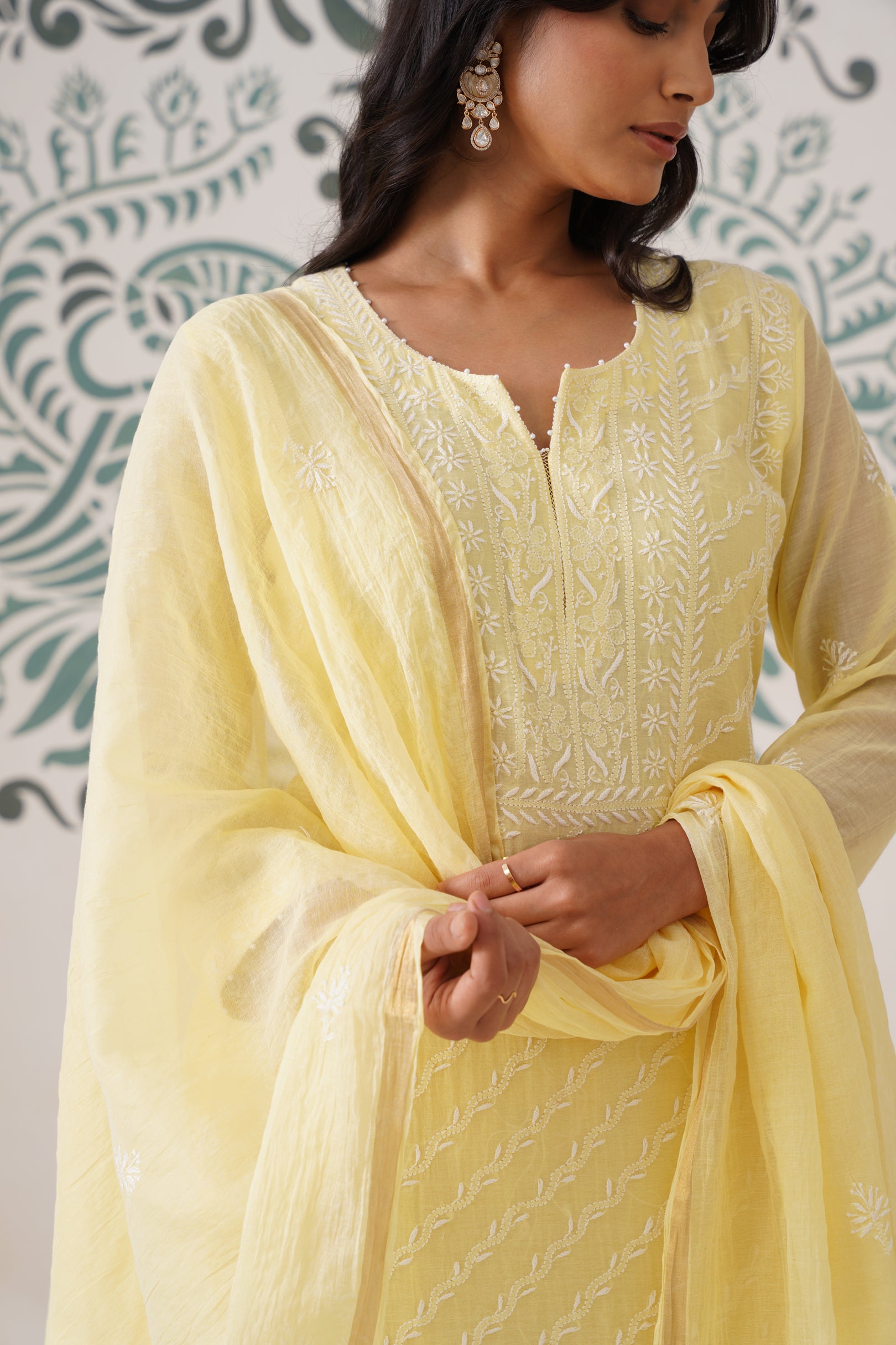 Chikankari Mul Chanderi 3pc Suit - butter yellow