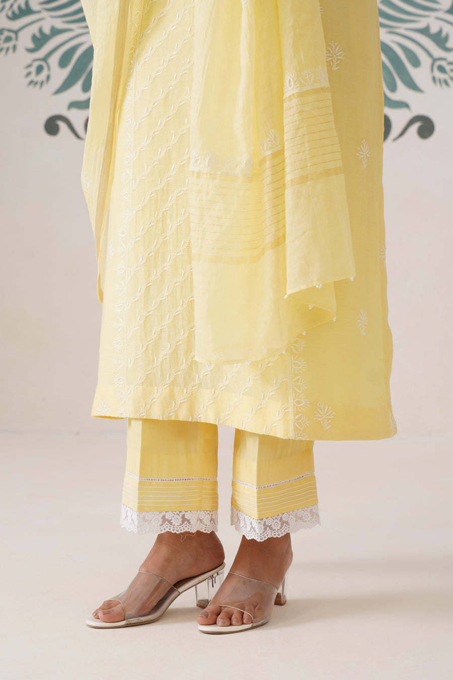 Chikankari Mul Chanderi 3pc Suit - butter yellow