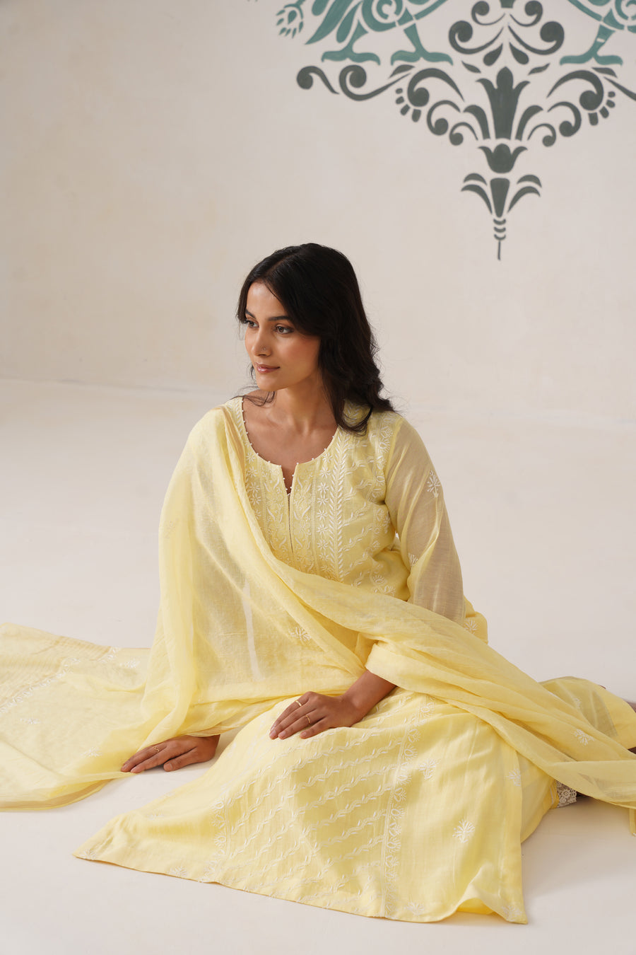 Chikankari Mul Chanderi 3pc Suit - butter yellow