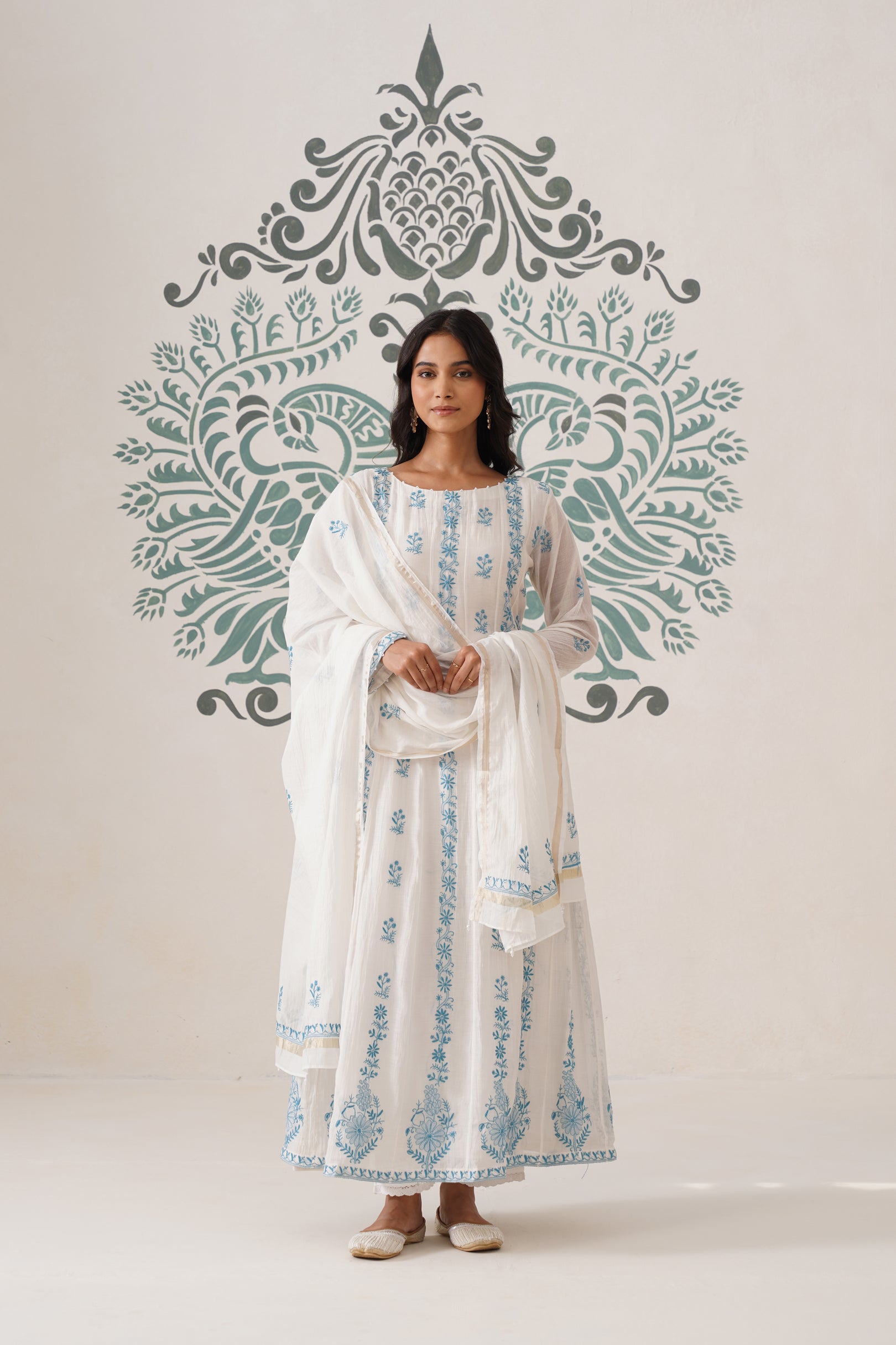 Mul Chanderi Chikankari 3pc Suit - white and blue