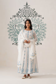 Mul Chanderi Chikankari 3pc Suit - white and blue